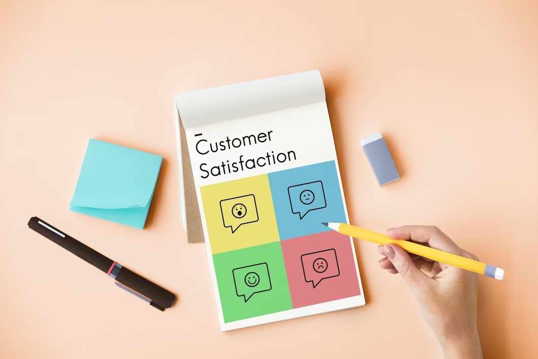 Hand holding a pencil, with a notepad showing the text 'customer satisfaction' and various emojis